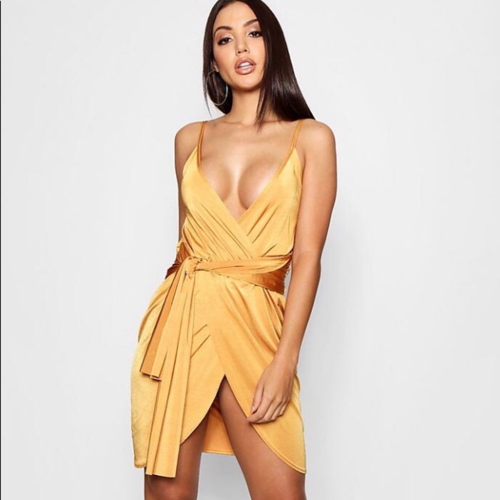 Boohoo Yellow Wrap Dress